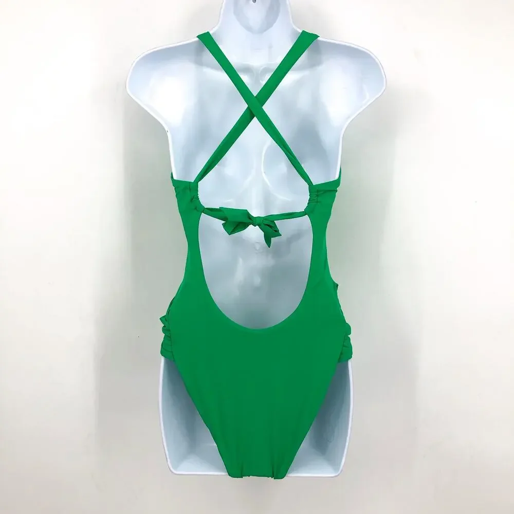 BECCA Baja Mar One Piece Swimsuit Small Green Verde Bow Side Open Back NWT